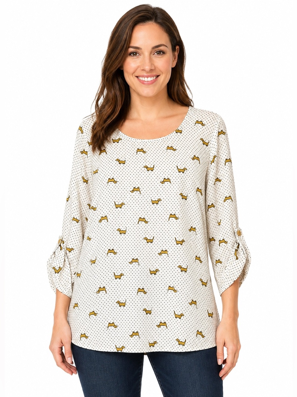Dachshund Dog Print Polka Dot playful whimsical roll-tab sleeved blouse NWT SM - Picture 3 of 7